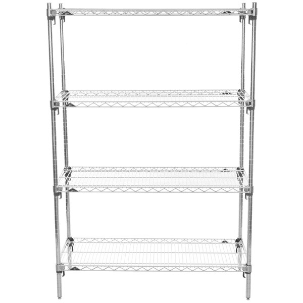 A Metro chrome wire shelving unit with four shelves.