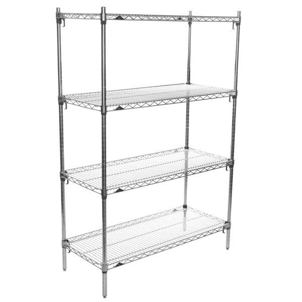 A Metro chrome wire shelving unit with four shelves.
