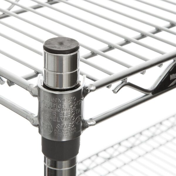 A Metro chrome wire shelving unit with black rubber stoppers on the metal rods.
