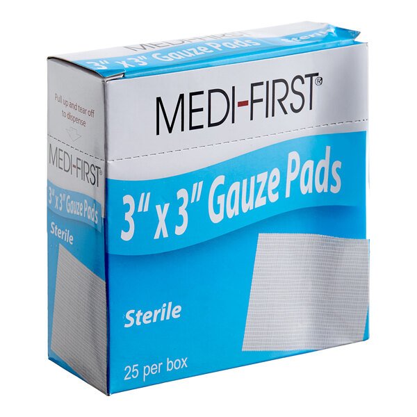 A box of Medi-First sterile 3" x 3" gauze pads containing 25 pads.