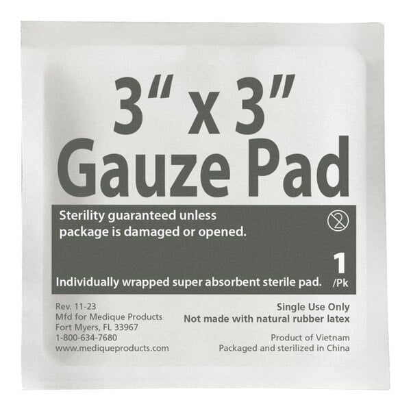 A sterile 3 inch by 3 inch gauze pad individually wrapped for medical use.
