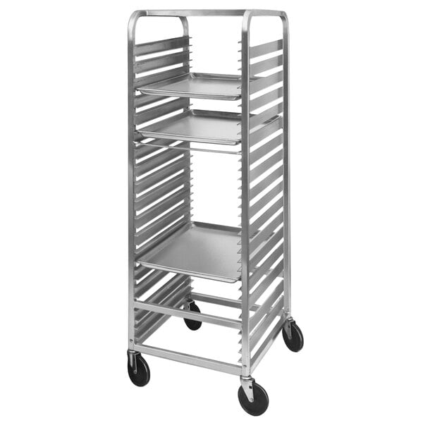 A Channel metal sheet pan rack with four shelves on wheels.