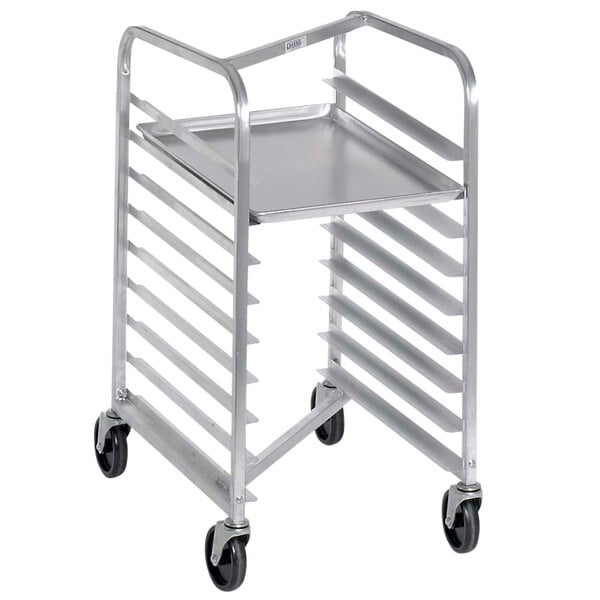 A silver metal Channel sheet pan rack with black wheels.