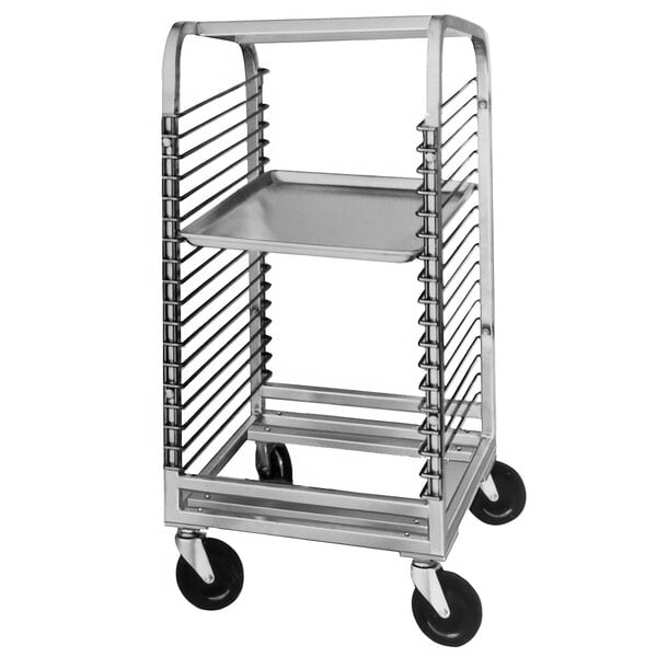 A Channel metal sheet pan rack with wire slides holding trays on wheels.