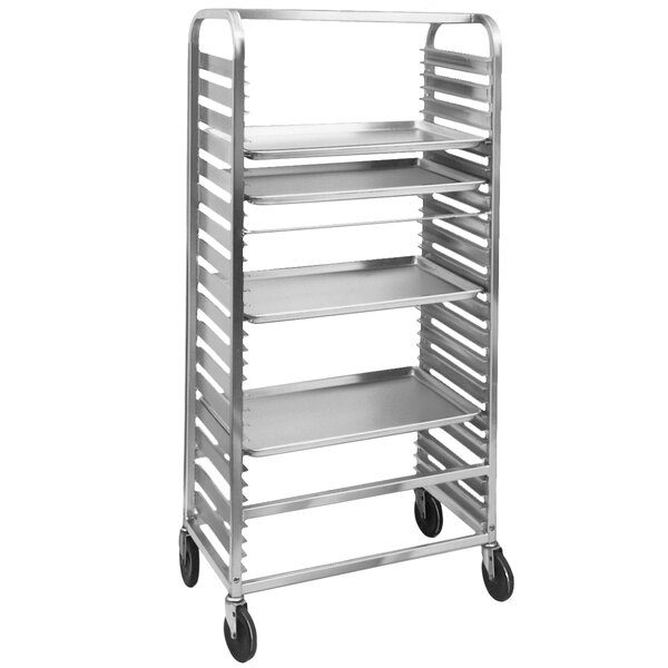 A Channel aluminum sheet pan rack with four shelves on wheels.