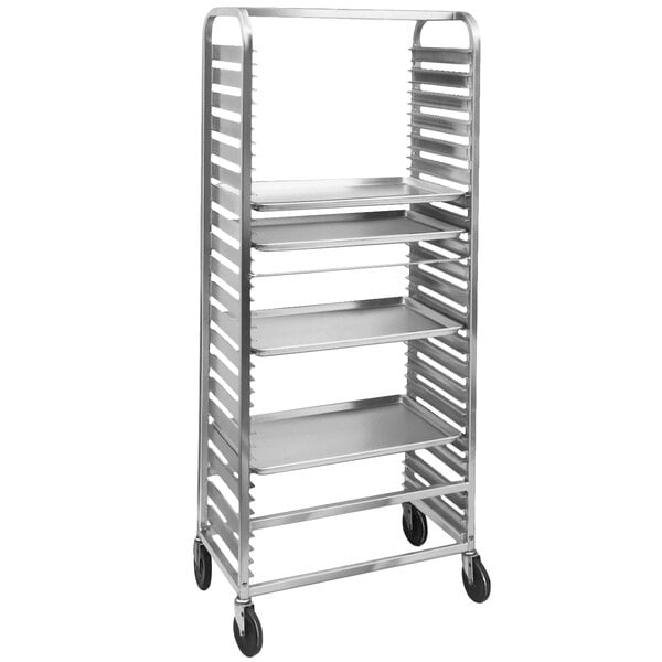 A Channel metal rack with shelves on wheels.