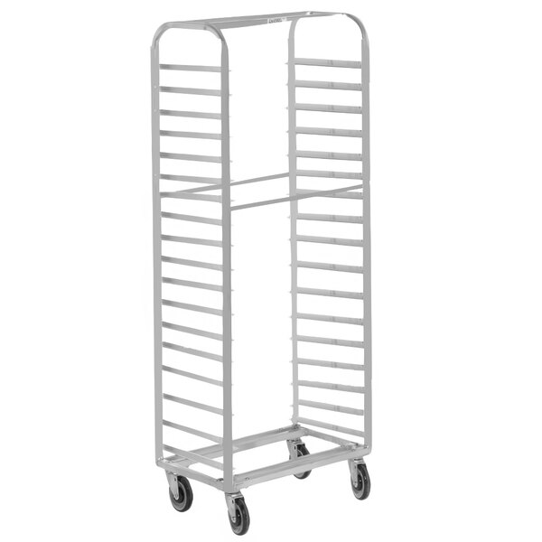 A Channel 416AC aluminum sheet pan rack with wheels.