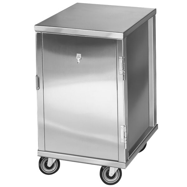 A silver metal Channel 56C sheet pan rack on wheels.