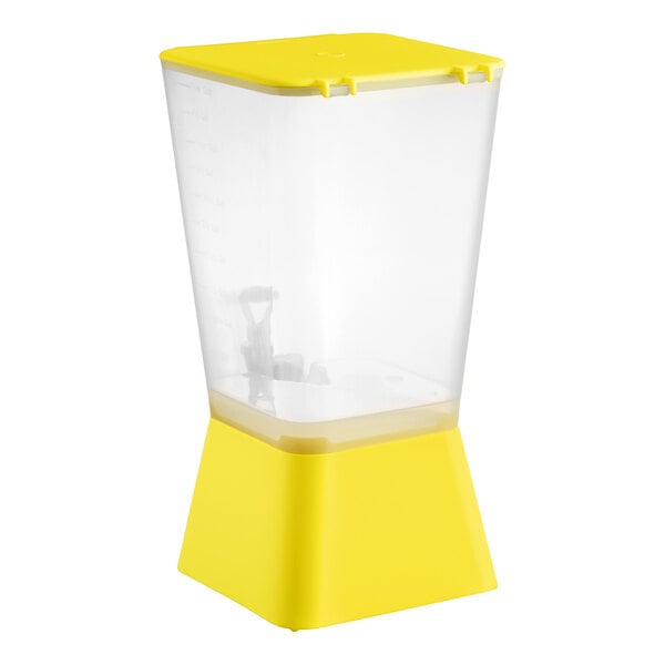 A 5-gallon yellow beverage or juice dispenser with a clear container and yellow base and lid.