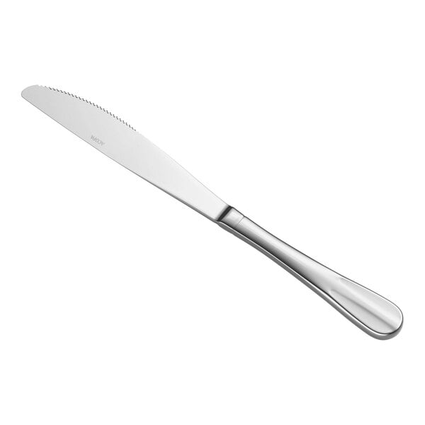 A stainless steel table knife with a smooth handle and a slightly serrated edge.