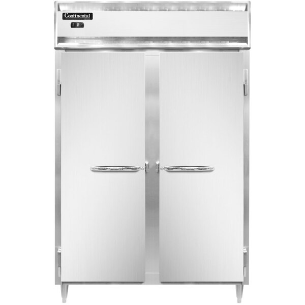 A white Continental reach-in freezer with double stainless steel doors.