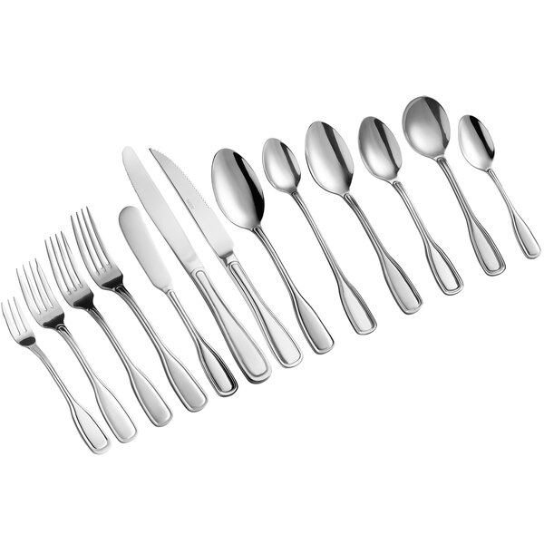 A row of Acopa Scottdale stainless steel demitasse spoons.