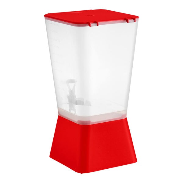 A red and clear 5-gallon beverage or juice dispenser.