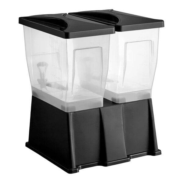 A double 3-gallon beverage or juice dispenser with a black stand.
