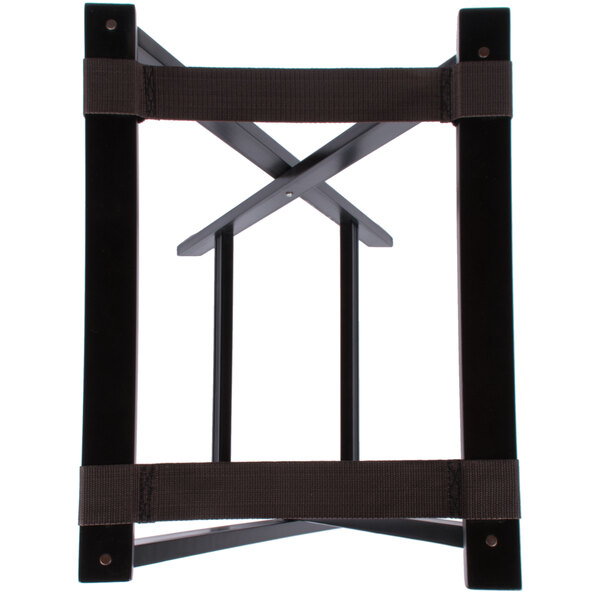 A Carlisle walnut tray stand with a black metal frame.