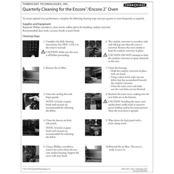 A white poster with instructions for cleaning a TurboChef Encore oven.