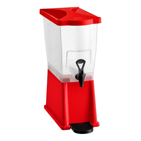 A red and clear slim beverage or juice dispenser with a spigot and drip tray.