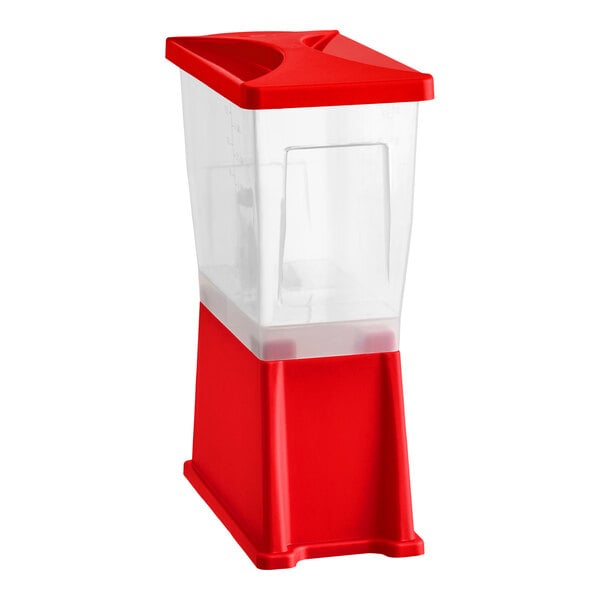 A red and clear slim beverage or juice dispenser with a 3-gallon capacity.