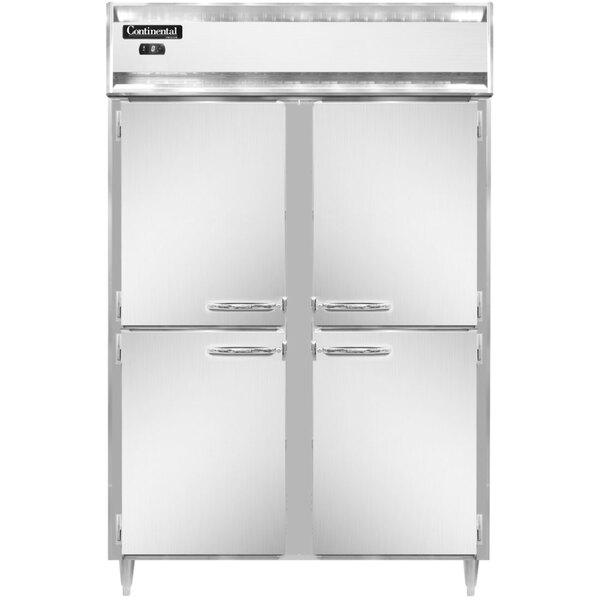 A white stainless steel Continental Reach-In Freezer with two half doors.