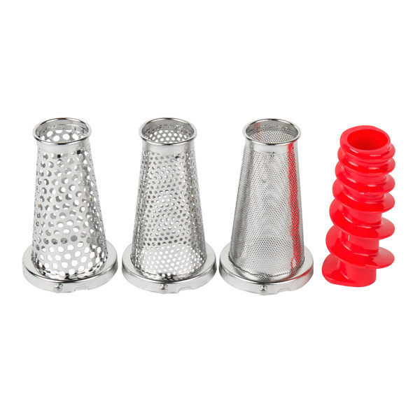 A group of Weston stainless steel mesh strainers with red handles.