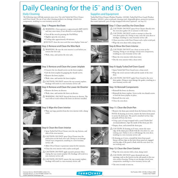 A black poster with instructions for daily cleaning of a TurboChef I5 and I3 oven.