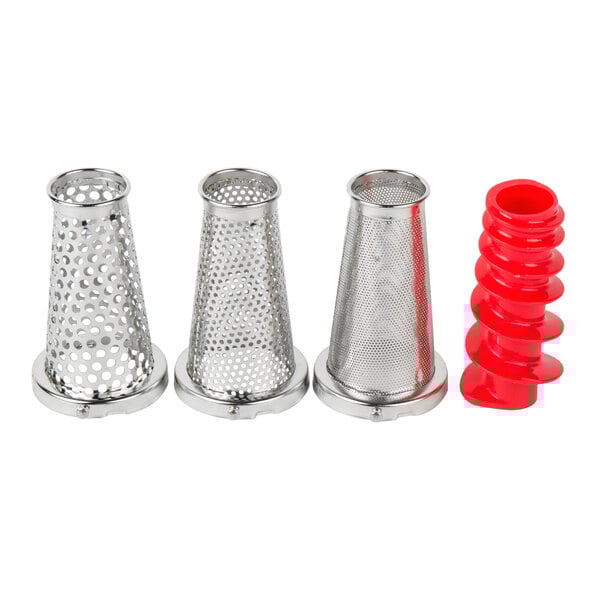 A group of metal Weston Roma food strainer cones with red handles.