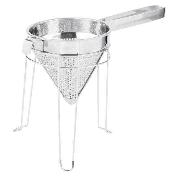 A Weston stainless steel China cap strainer with a handle.