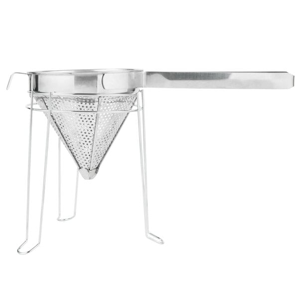 A Weston stainless steel China cap strainer with a handle.