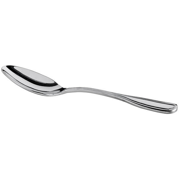 The handle of an Acopa Saxton demitasse spoon with a silver finish.