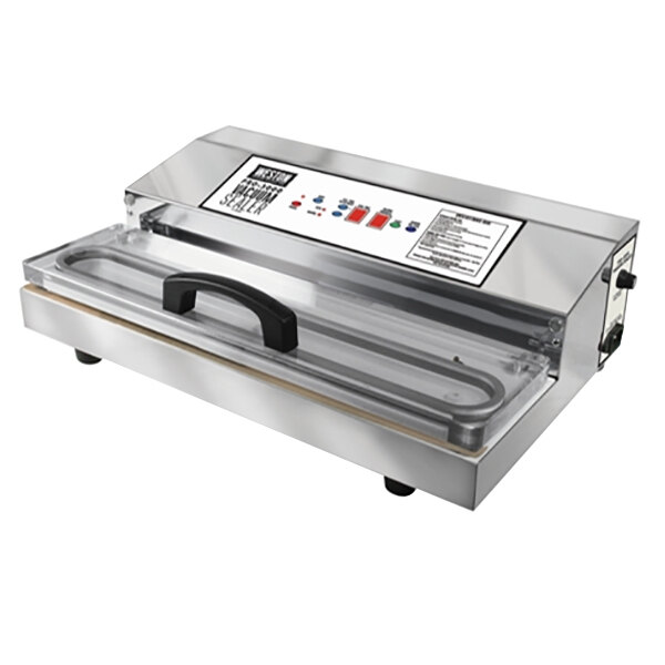 A silver stainless steel Weston Pro-3000 vacuum packaging machine with a black handle.