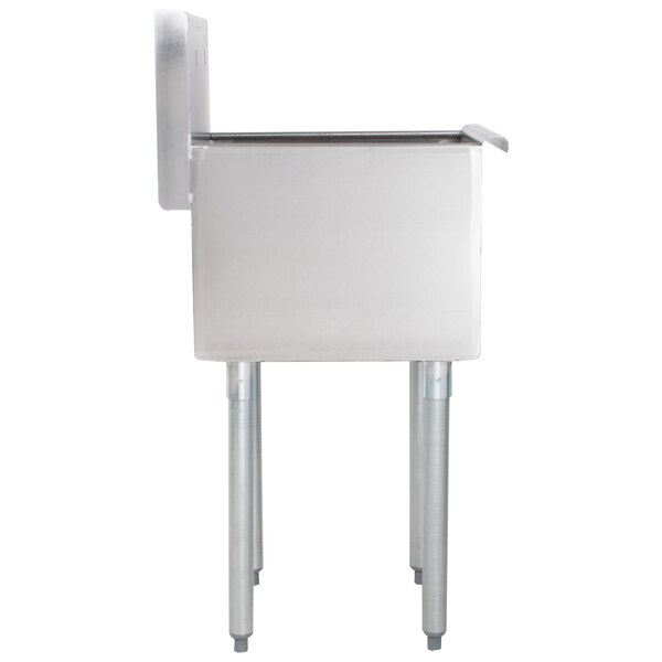 A stainless steel Advance Tabco commercial sink with legs and a drain.