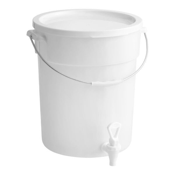 A white 6-gallon round beverage dispenser with a lid, metal handle, and spigot.