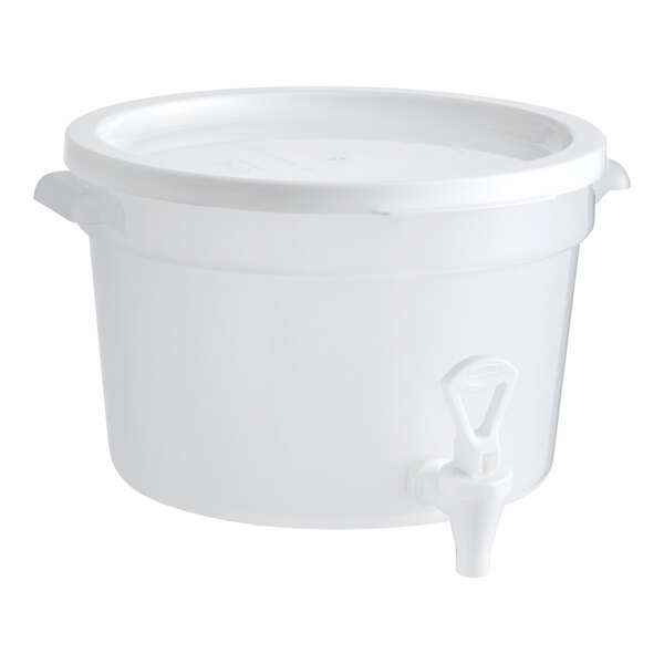 A white 3-gallon round beverage dispenser with a lid and a spigot.