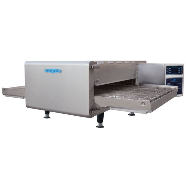 A TurboChef electric countertop conveyor oven with two 70/30 split belts.