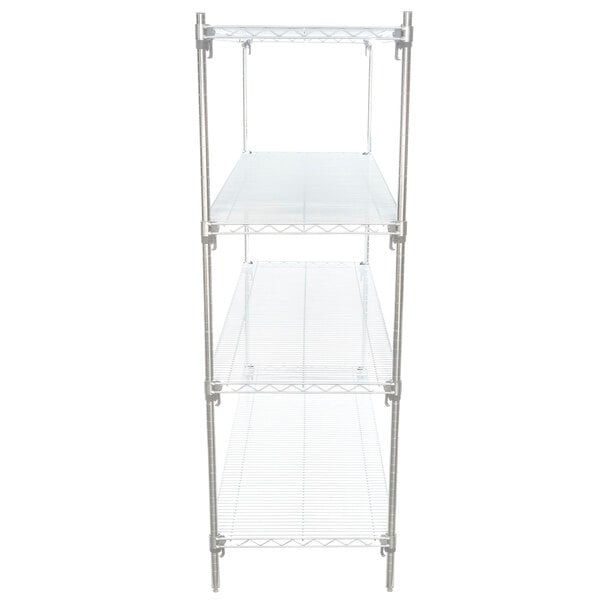 A Metro chrome wire shelving unit with four shelves.