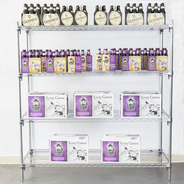 A Metro stationary wire shelving unit with boxes and bottles on the shelves.