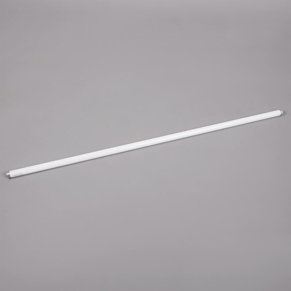 An Avantco T8 fluorescent light bulb with a white tube on a gray background.