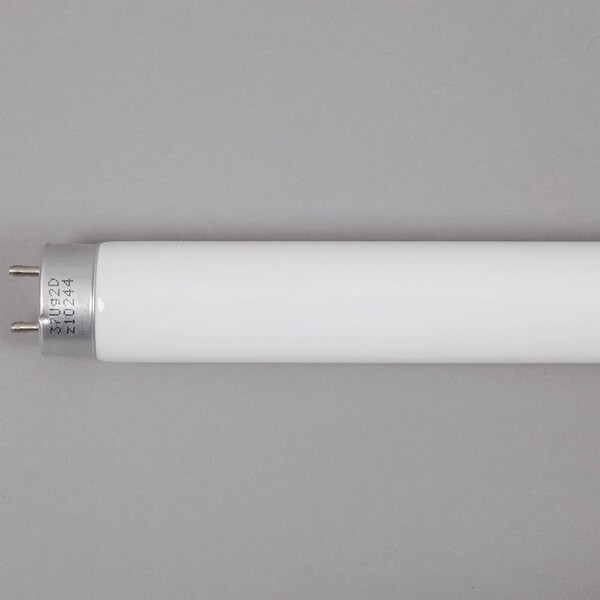 An Avantco T8 fluorescent light bulb with silver ends on a white surface with a black border.