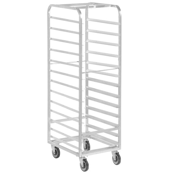 A stainless steel Channel sheet pan rack with wheels.