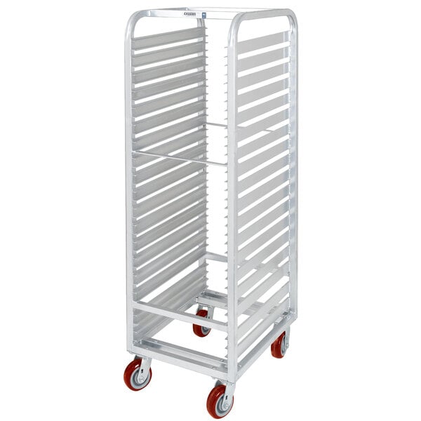 A white metal Channel sheet pan rack with red wheels.