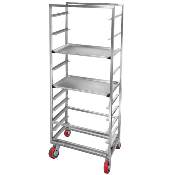 A Channel heavy-duty aluminum sheet pan rack with 10 shelves on red wheels.