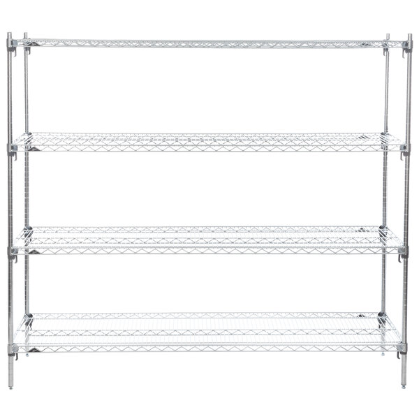 A chrome Metro stationary wire shelving unit with four shelves.