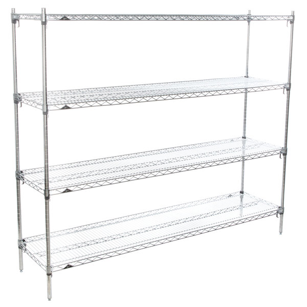 A chrome Metro stationary wire shelving unit with four shelves.