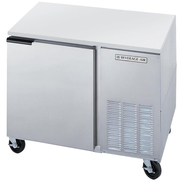 A silver Beverage-Air undercounter refrigerator with a door.