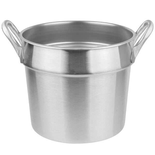 A silver stainless steel Vollrath double boiler inset with two handles.