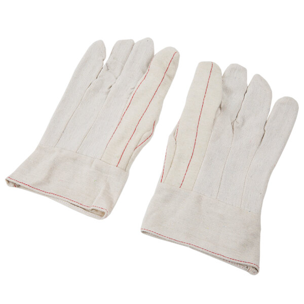 A pair of Cordova white polyester/cotton work gloves with red stitching.
