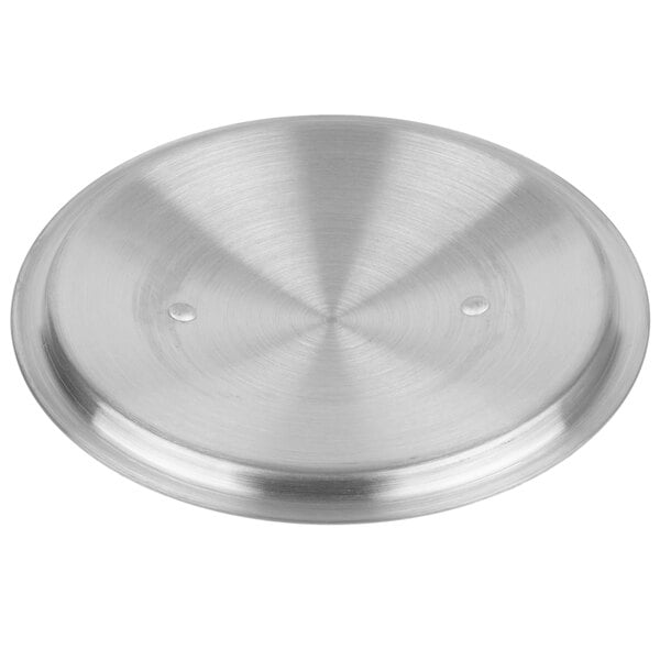 A silver metal Vollrath Arkadia sauce pan lid with a circular design.