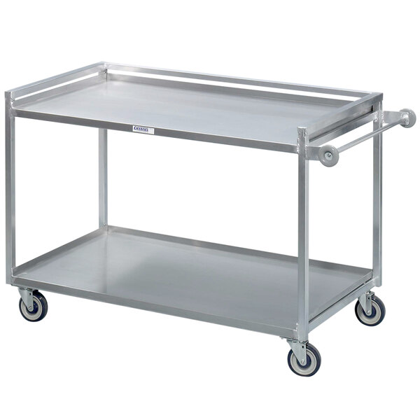 A metal Channel heavy-duty utility cart with two shelves and wheels.