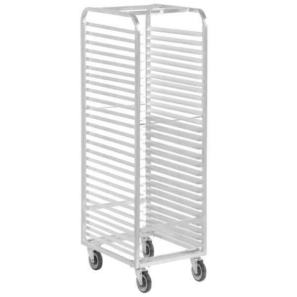 A Channel stainless steel sheet pan rack with wheels.