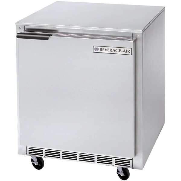 A stainless steel Beverage-Air undercounter refrigerator with a door open.